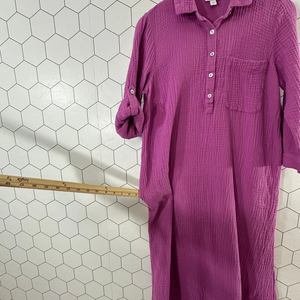 J.Jill Purple Cotton Double Gauze Midi Shirt Dress Roll Tab Sleeve Womens XS